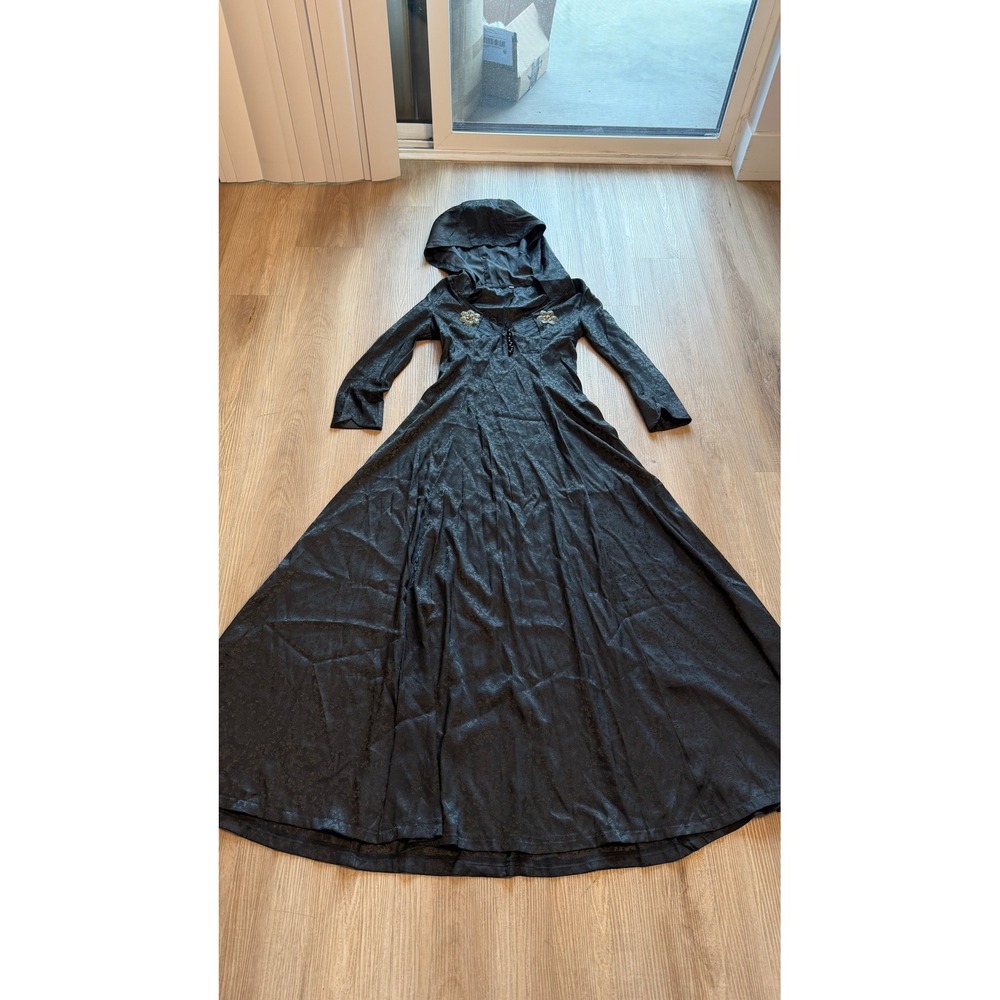 Hooded Damask Maxi Dress Renaissance Gothic Victorian Floral Jacquard Gown S